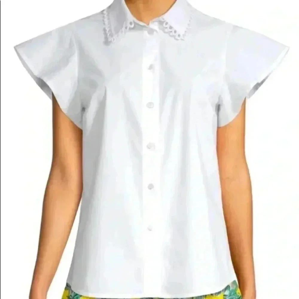Draper James White Flutter Sleeve Button Down Collared Shirt Blouse